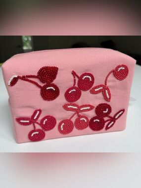 Pink Cherry Beaded Cosmetic Pouch